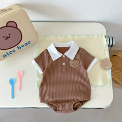 2025 Summer Toddler Baby Girls Romper Turndown Collar Short Sleeve Cartoon Bear Solid Cotton Triangle Infant Girls Bodysuit