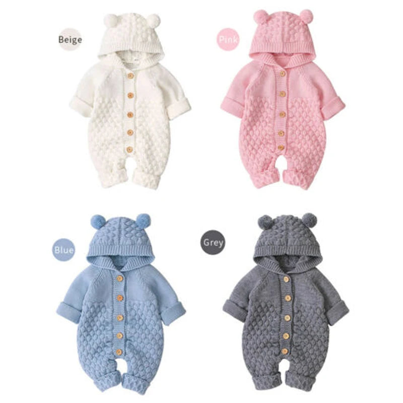 0-24M Newborn Baby Knitted Sweater Jumpsuits Autumn Winter Soft Warm Romper Boys Girls Hooded Bear EarJumpsuits Jackets