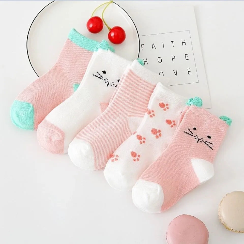 5Pairs Baby Socks Newborn Baby Boy Socks 0-1-3-7Y Kids Pure Cotton Animal Design Fadeless Soft Children's Socks for Girls