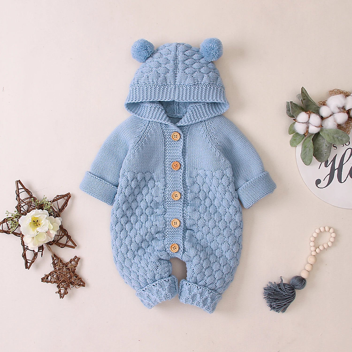 0-24M Newborn Baby Knitted Sweater Jumpsuits Autumn Winter Soft Warm Romper Boys Girls Hooded Bear EarJumpsuits Jackets