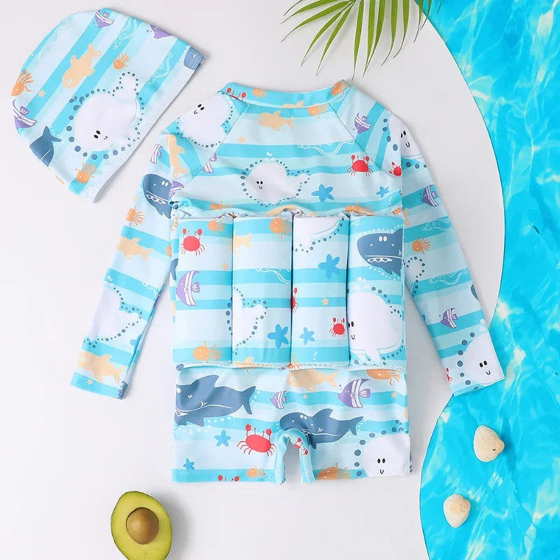 Children's Buoyancy Swimsuit Cartoon Print Swimwear Kid One-Piece Floating Rash Guards Bathing Clothes Boys Girls Swimming Suits