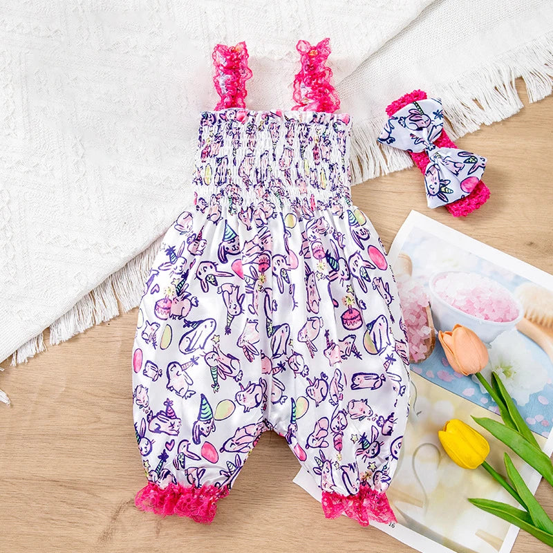 Sewing Pattern Baby Girl Jumpsuit with Headband Lace Slip Toddler Girl Playsuits Floral Baby Summer Clothes Newborn Bloomers