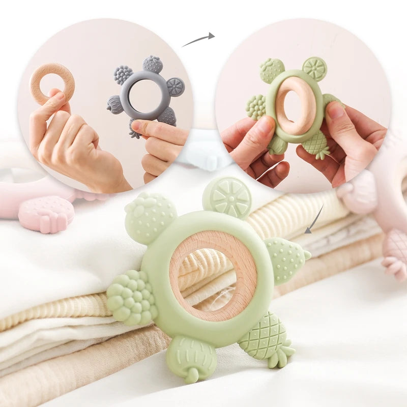 1PC Baby Silicone Teether Dental Toys BPA Free Silicone Wooden Teether Ring Bracelet Kid Gift Children Goods Baby Teething Toy