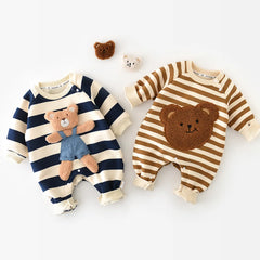 MILANCEL One Piece Baby Rompers Thicken Lining Boys Clothes Striped Infant Girls Jumpsuits Bear Outfit