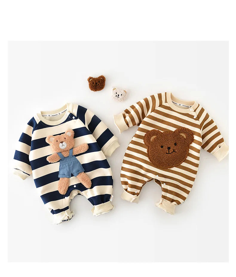 MILANCEL One Piece Baby Rompers Thicken Lining Boys Clothes Striped Infant Girls Jumpsuits Bear Outfit