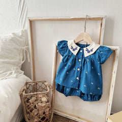 Summer New Baby Puff Sleeve Set Flower Embroidery Infant Girl Vintage Cardigan+Shorts 2PCS Suit Toddler Casual Outfits