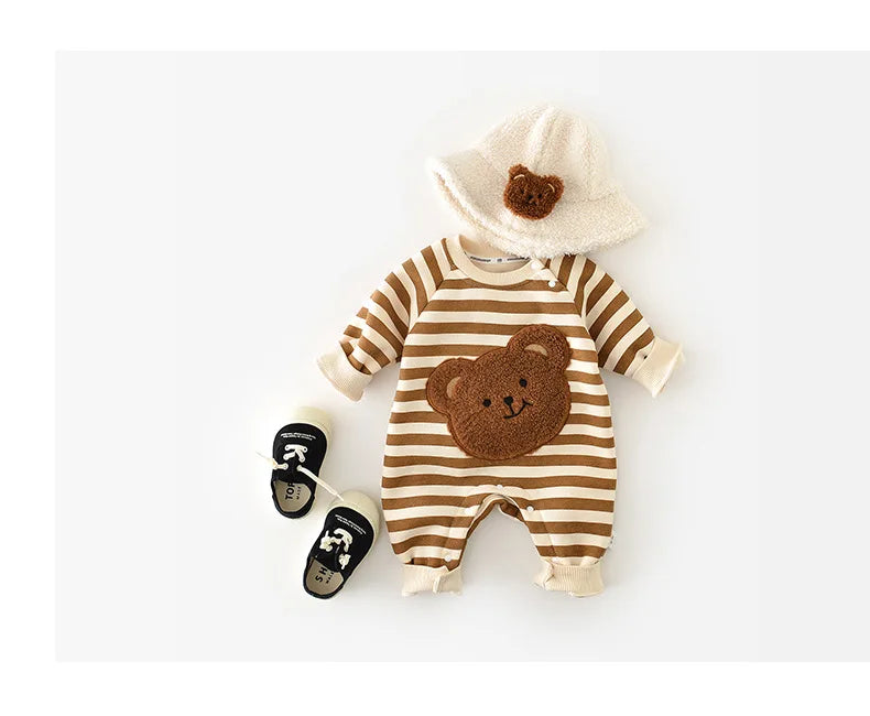 MILANCEL One Piece Baby Rompers Thicken Lining Boys Clothes Striped Infant Girls Jumpsuits Bear Outfit