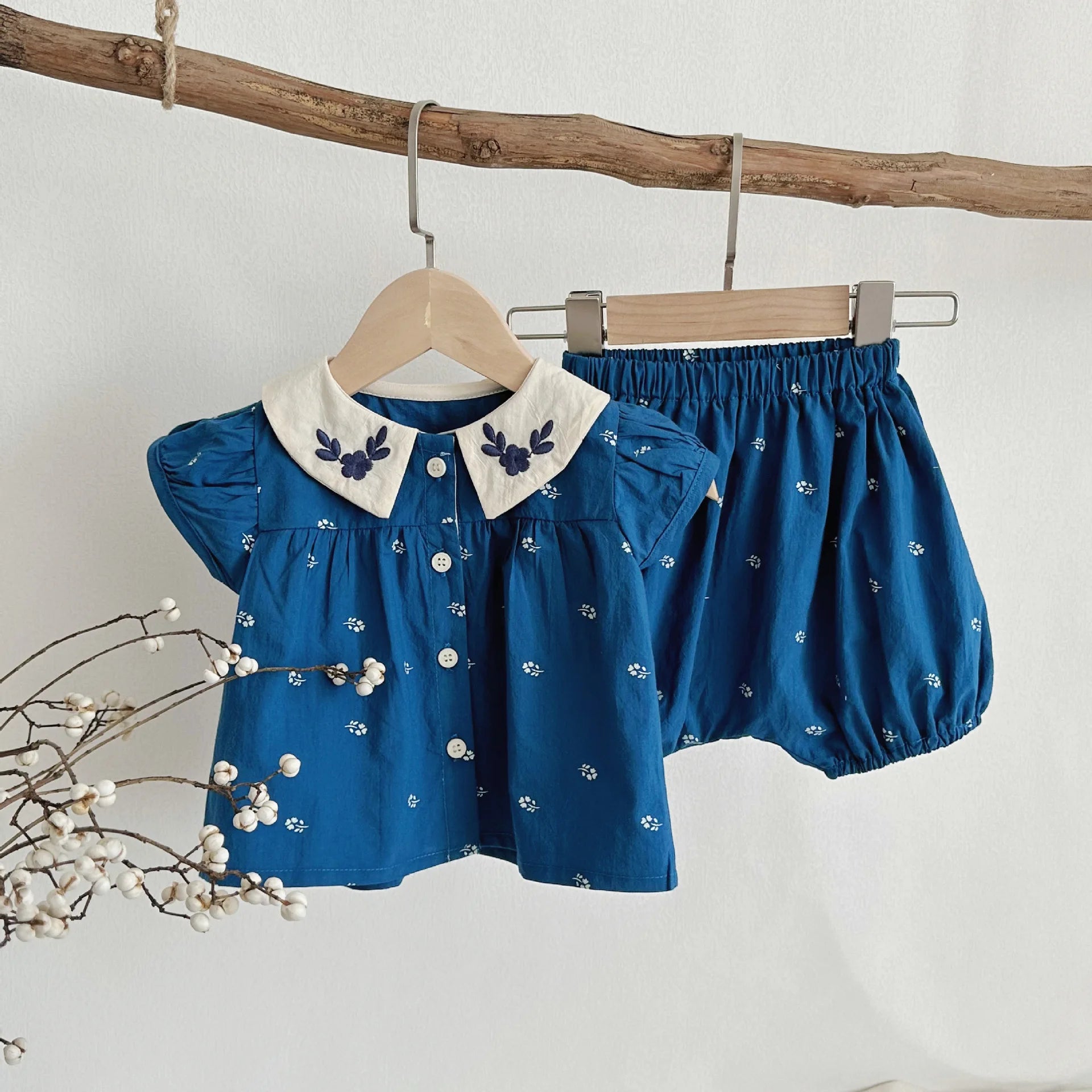 Summer New Baby Puff Sleeve Set Flower Embroidery Infant Girl Vintage Cardigan+Shorts 2PCS Suit Toddler Casual Outfits