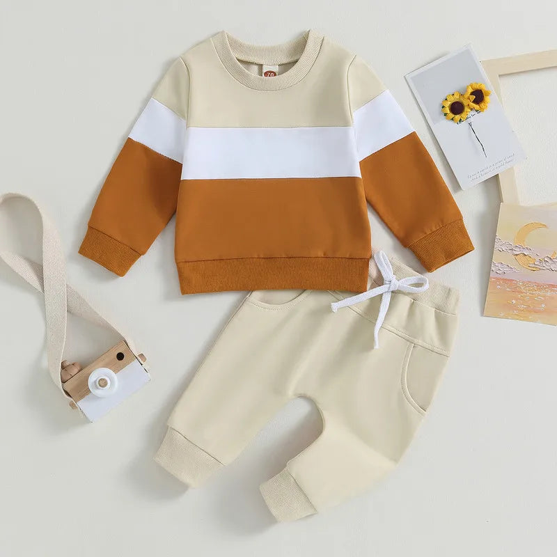 Newborn Baby Boy Pant Sets Autumn Clothes 2 Piece Outfits Contrast Color Long Sleeve Sweatshirt and Elastic Pants Baby Items