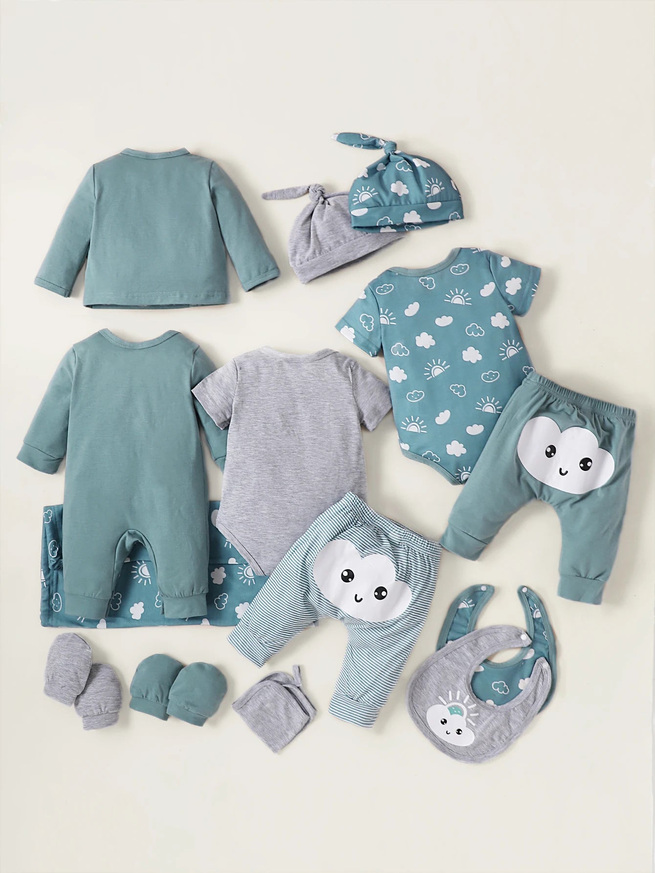 14PCS All-season Wearable Jumpsuit Boys Girls Round Necked Open Button Climbing Suit Hats Scarves Socks Newborn Gift Box