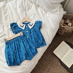 Summer New Baby Puff Sleeve Set Flower Embroidery Infant Girl Vintage Cardigan+Shorts 2PCS Suit Toddler Casual Outfits