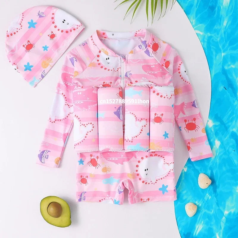 Children's Buoyancy Swimsuit Cartoon Print Swimwear Kid One-Piece Floating Rash Guards Bathing Clothes Boys Girls Swimming Suits