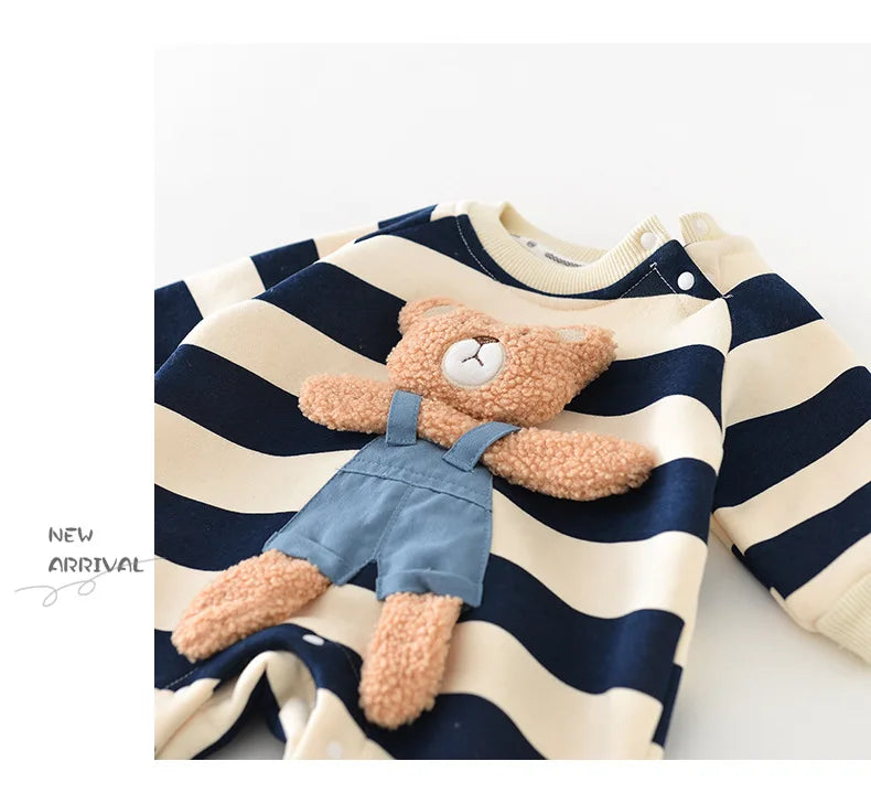 MILANCEL One Piece Baby Rompers Thicken Lining Boys Clothes Striped Infant Girls Jumpsuits Bear Outfit