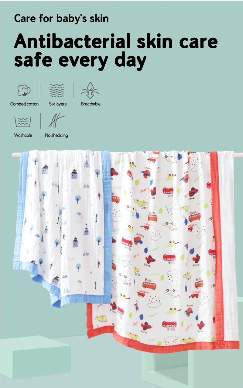 Baby blanket cotton 6 layers newborn swaddle blanket cartoon high-density breathable children's blanket