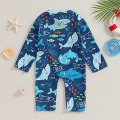 0-24months Baby Boys Rash Guard Swimwear Long Sleeve Zip-Up Shark Spider Print One_piece Swimsuit For Infant Boys