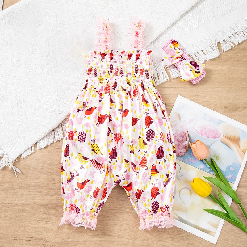 Sewing Pattern Baby Girl Jumpsuit with Headband Lace Slip Toddler Girl Playsuits Floral Baby Summer Clothes Newborn Bloomers