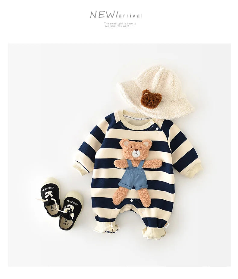 MILANCEL One Piece Baby Rompers Thicken Lining Boys Clothes Striped Infant Girls Jumpsuits Bear Outfit