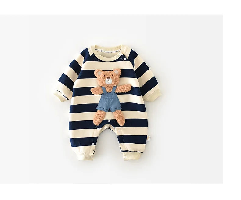 MILANCEL One Piece Baby Rompers Thicken Lining Boys Clothes Striped Infant Girls Jumpsuits Bear Outfit