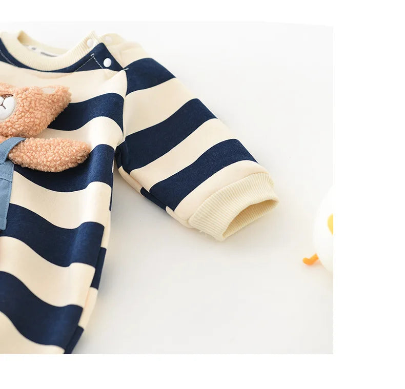 MILANCEL One Piece Baby Rompers Thicken Lining Boys Clothes Striped Infant Girls Jumpsuits Bear Outfit