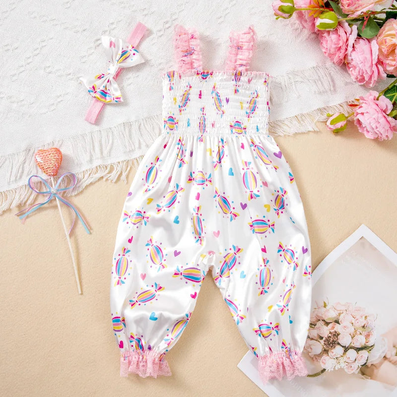 Sewing Pattern Baby Girl Jumpsuit with Headband Lace Slip Toddler Girl Playsuits Floral Baby Summer Clothes Newborn Bloomers