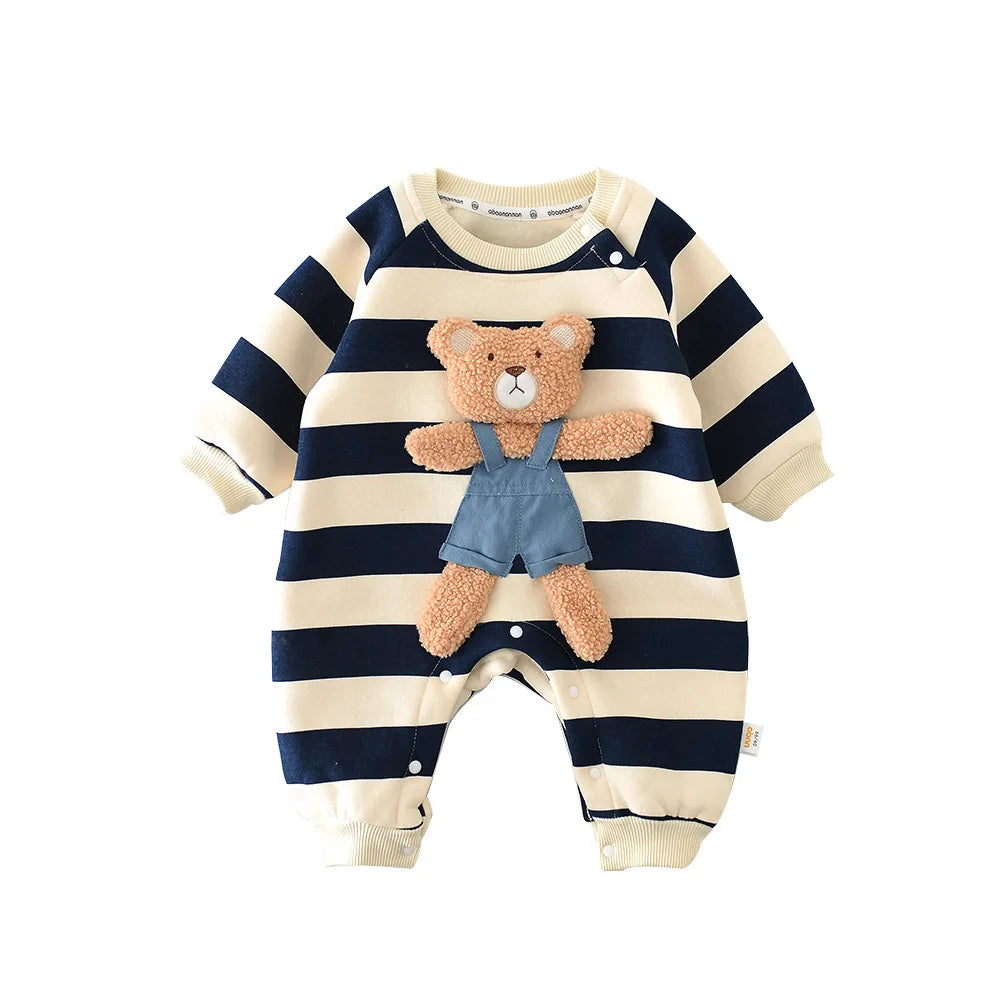 MILANCEL One Piece Baby Rompers Thicken Lining Boys Clothes Striped Infant Girls Jumpsuits Bear Outfit