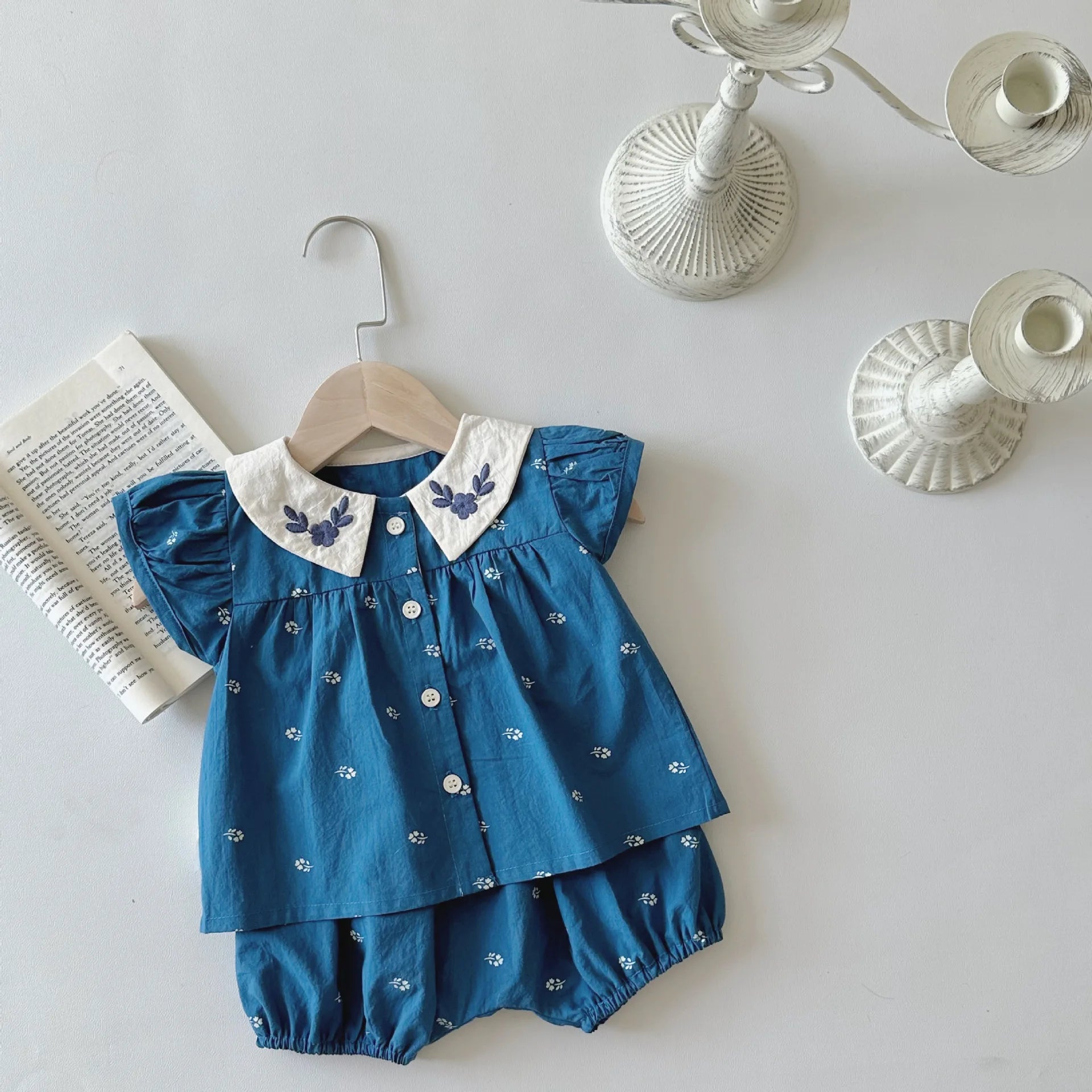 Summer New Baby Puff Sleeve Set Flower Embroidery Infant Girl Vintage Cardigan+Shorts 2PCS Suit Toddler Casual Outfits