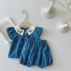 Summer New Baby Puff Sleeve Set Flower Embroidery Infant Girl Vintage Cardigan+Shorts 2PCS Suit Toddler Casual Outfits