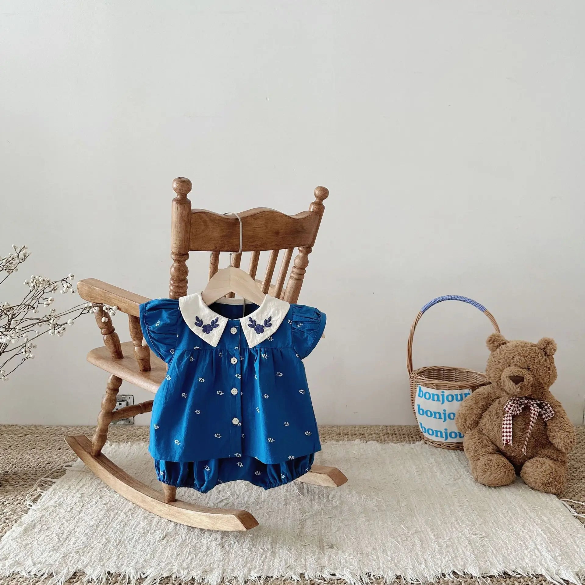 Summer New Baby Puff Sleeve Set Flower Embroidery Infant Girl Vintage Cardigan+Shorts 2PCS Suit Toddler Casual Outfits
