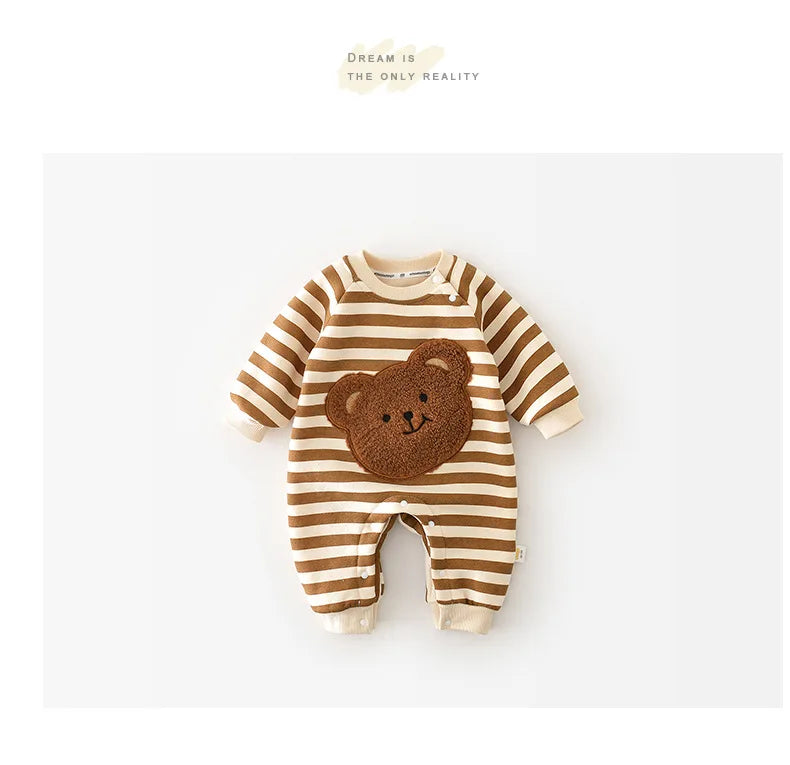 MILANCEL One Piece Baby Rompers Thicken Lining Boys Clothes Striped Infant Girls Jumpsuits Bear Outfit