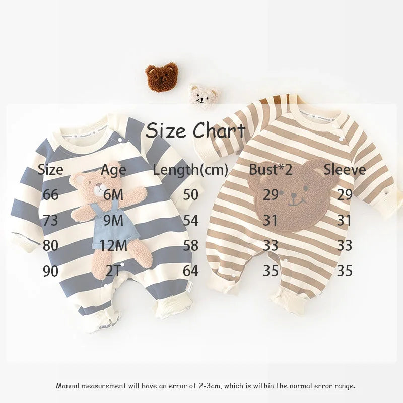 MILANCEL One Piece Baby Rompers Thicken Lining Boys Clothes Striped Infant Girls Jumpsuits Bear Outfit