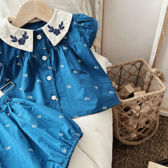 Summer New Baby Puff Sleeve Set Flower Embroidery Infant Girl Vintage Cardigan+Shorts 2PCS Suit Toddler Casual Outfits