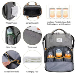 Foldable bed diaper bag with changing station insulated pocket and large capacity Multifunctional Double shoulder mommy bag