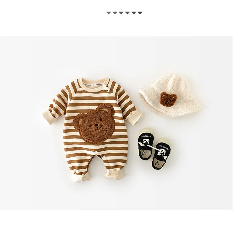 MILANCEL One Piece Baby Rompers Thicken Lining Boys Clothes Striped Infant Girls Jumpsuits Bear Outfit