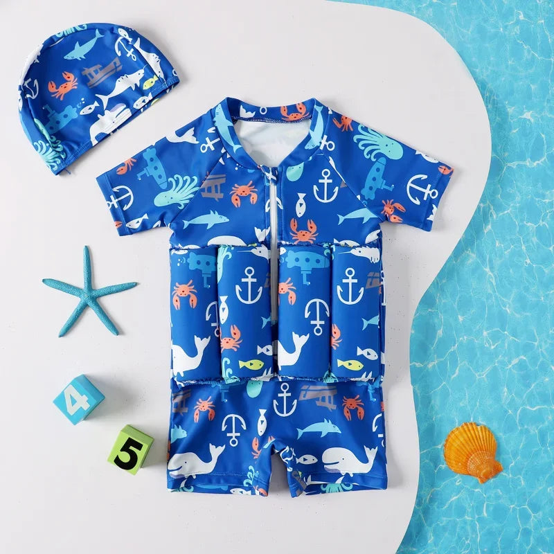 Children's Buoyancy Swimsuit Cartoon Print Swimwear Kid One-Piece Floating Rash Guards Bathing Clothes Boys Girls Swimming Suits