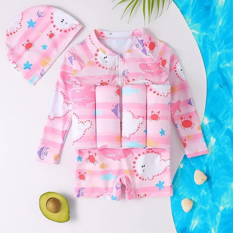 Children's Buoyancy Swimsuit Cartoon Print Swimwear Kid One-Piece Floating Rash Guards Bathing Clothes Boys Girls Swimming Suits