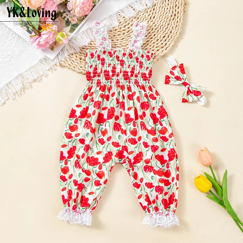 Sewing Pattern Baby Girl Jumpsuit with Headband Lace Slip Toddler Girl Playsuits Floral Baby Summer Clothes Newborn Bloomers