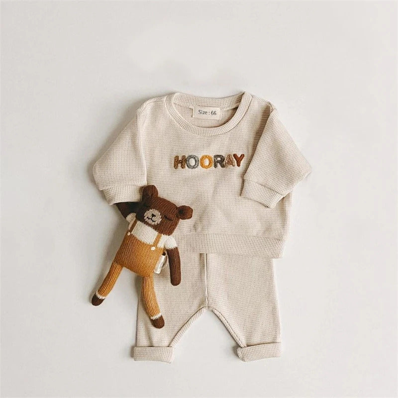 Spring Autumn Baby Boy Girls Sets 100% Cotton Toddler Clothing Hooray Letters Long Sleeved Sweatshirt Pants Infant 2pcs Outfits