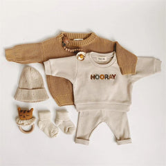 Spring Autumn Baby Boy Girls Sets 100% Cotton Toddler Clothing Hooray Letters Long Sleeved Sweatshirt Pants Infant 2pcs Outfits