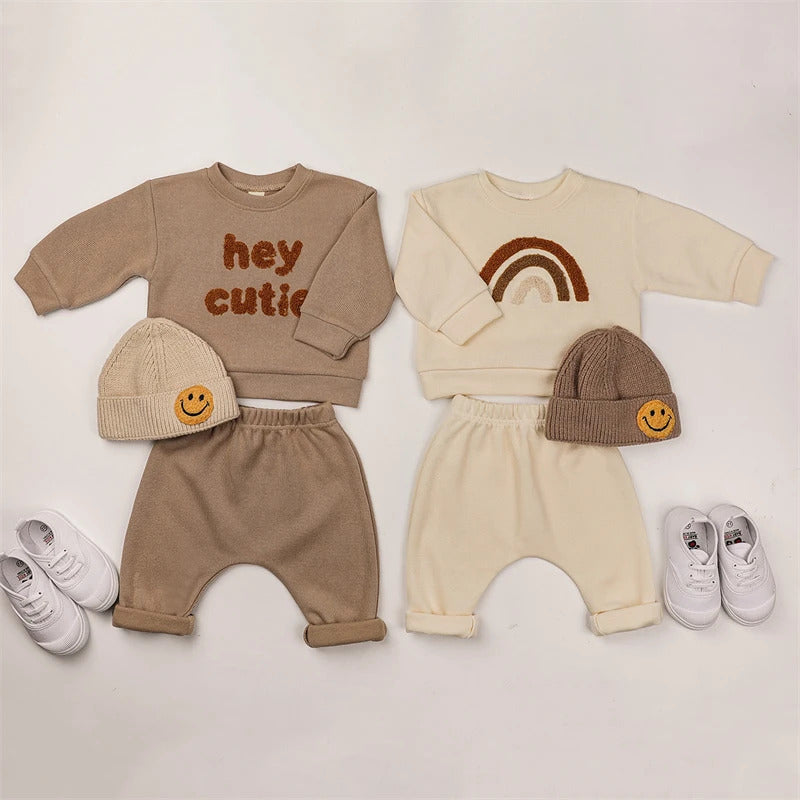 Spring Autumn Baby Boy Girls Sets 100% Cotton Toddler Clothing Hooray Letters Long Sleeved Sweatshirt Pants Infant 2pcs Outfits